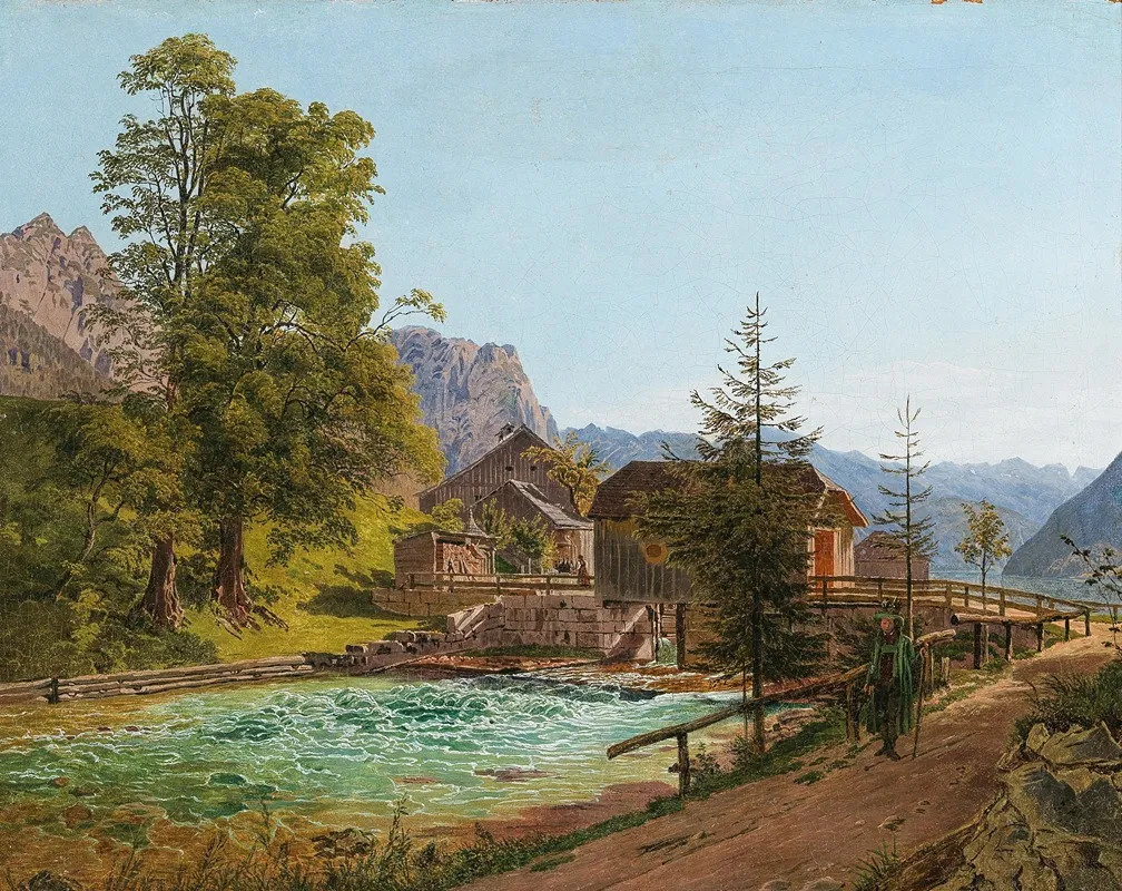 Wanderer In The Salzkammergut The Grundlsee Lake Dam With The River Traun In The Background On The Left The Backenstein Wall Art by Jakob Alt - High-Resolution Digital Print