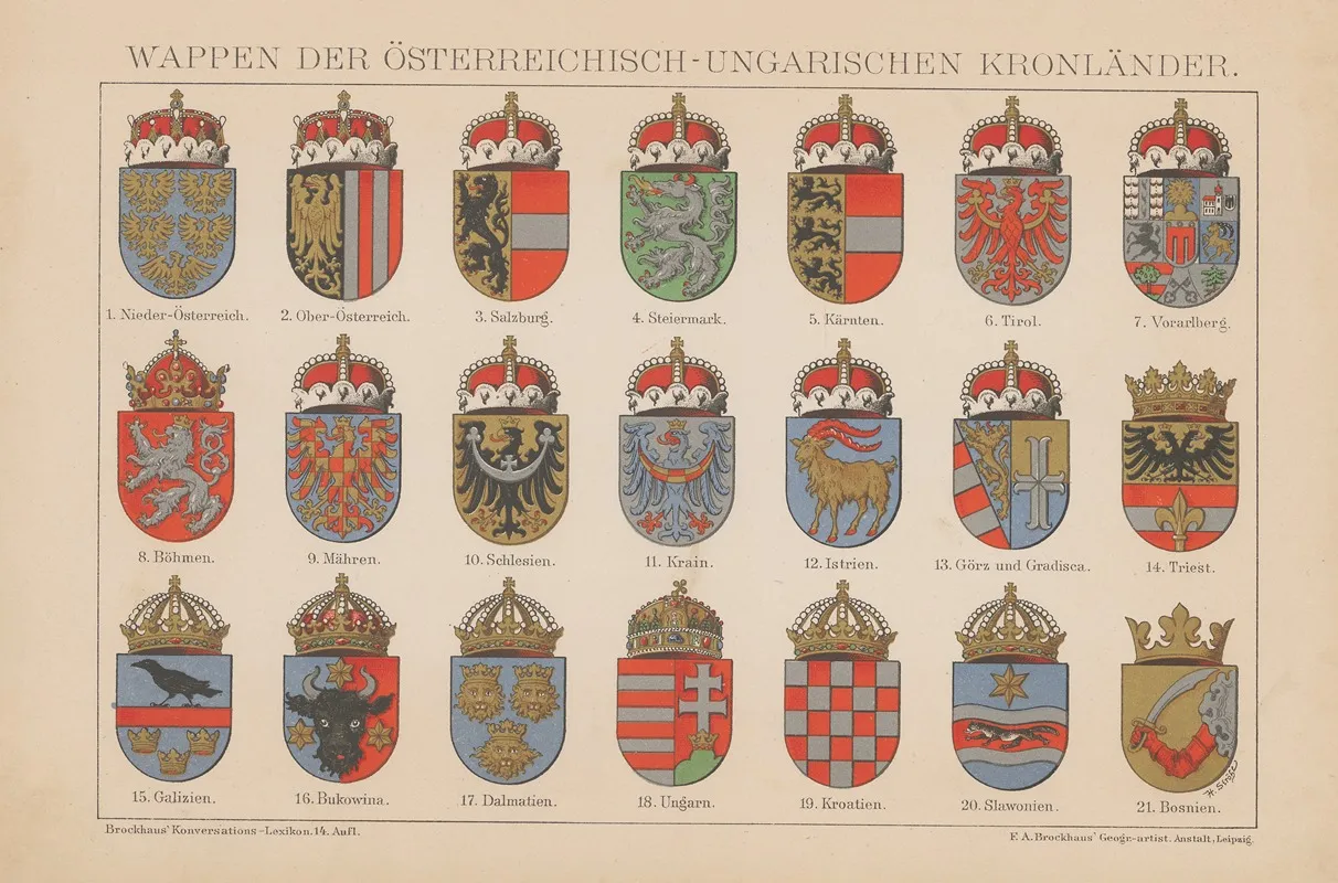 Wappen Der Osterreichisch Ungarischen Kronlander Wall Art by F.A. Brockhaus - High-Resolution Digital Print