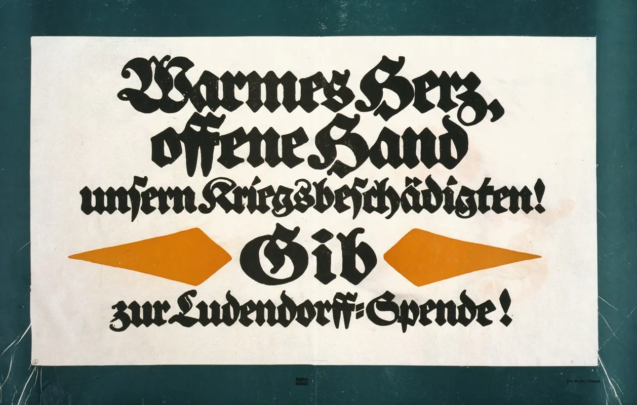 Warmes Herz Offene Hand Unsern Kriegsbeschadigten Gib Zur Ludendorff Spende Wall Art by Lucian Bernhard - High-Resolution Digital Print