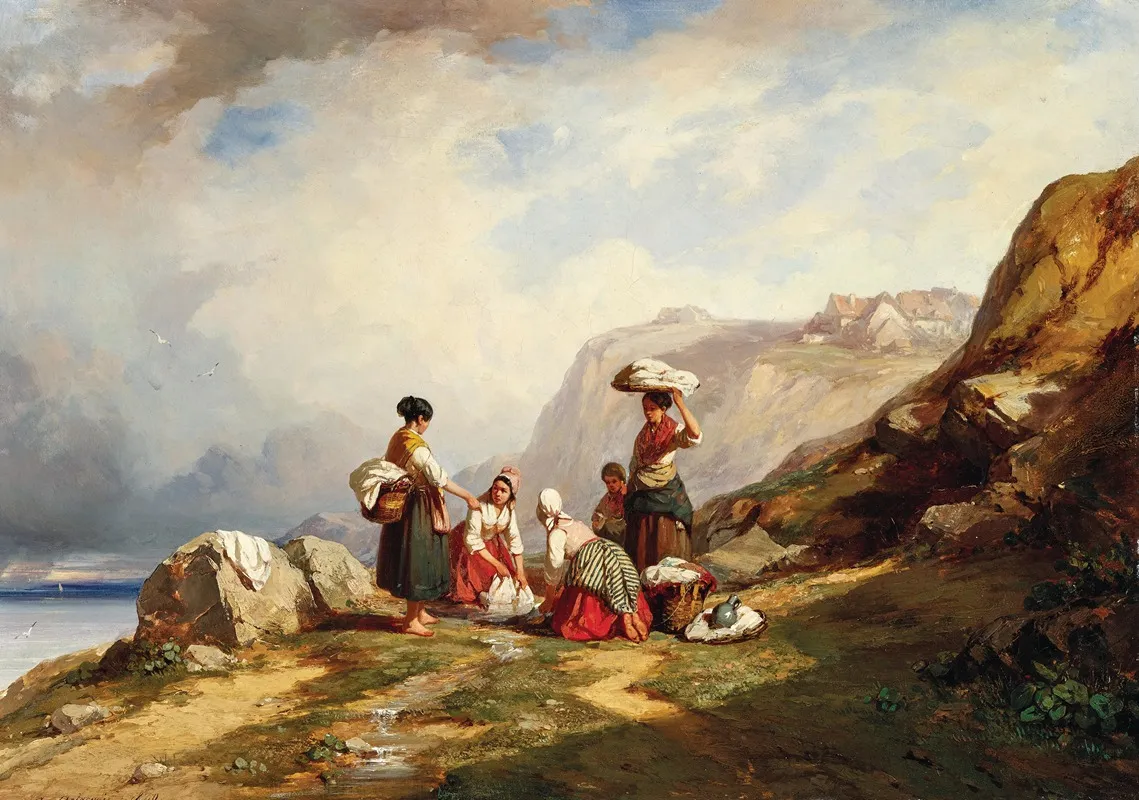 Washerwomen At A Mountain Lake Wall Art by Auguste Delacroix - High-Resolution Digital Print