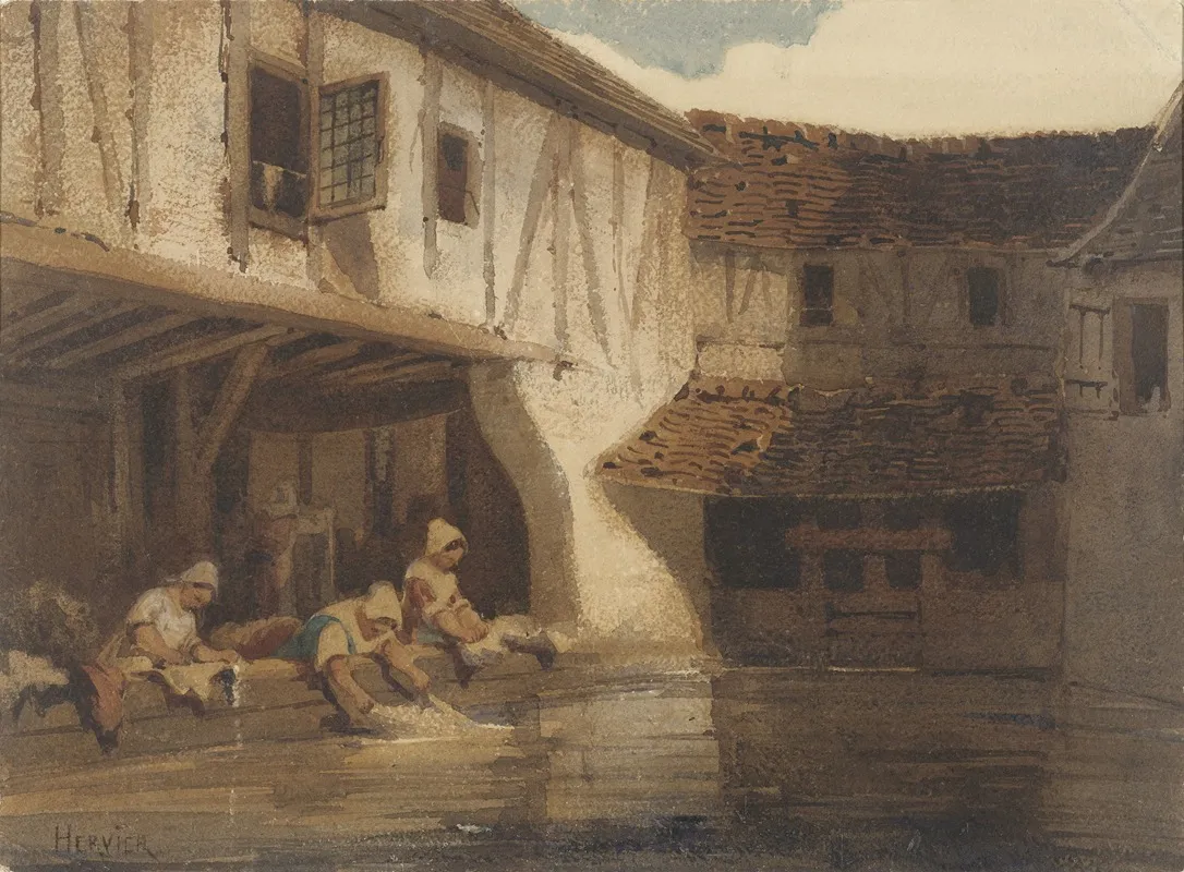 Wassende Vrouwen In Een Open Hal Van Een Huizencomplex Aan Het Water Wall Art by Louis-Adolphe Hervier - High-Resolution Digital Print