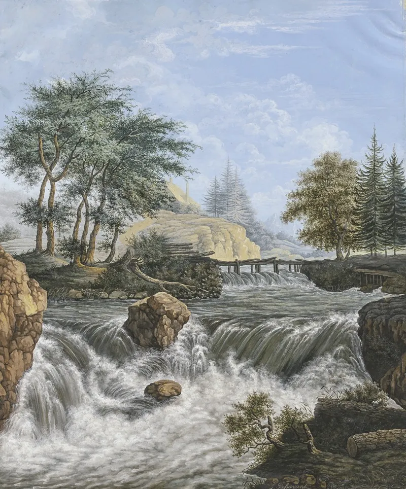 Wasserfall Im Gebirge Am Ufer Und Im Hintergrund Nadelholzer Wall Art by Johann David Passavant - High-Resolution Digital Print