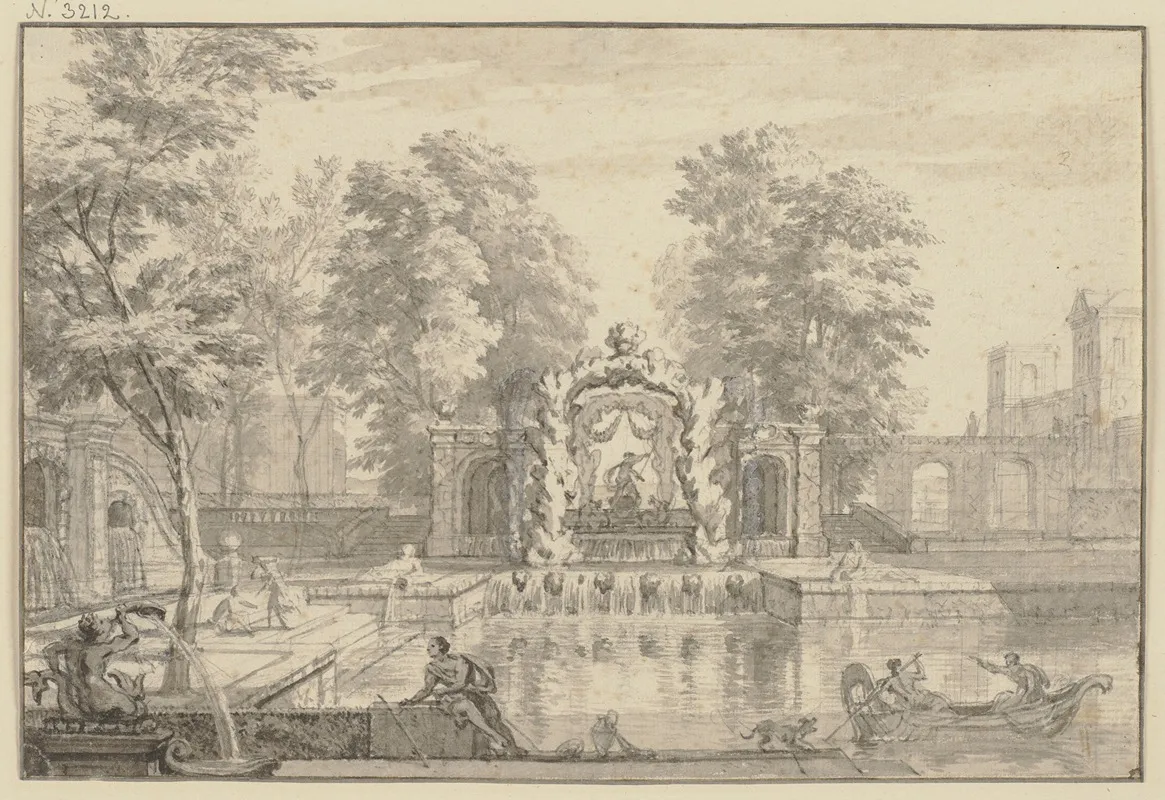 Wasserkunst In Einem Park In Der Mitte Ein Kunstliches Felsentor Mit Einem Neptun Rechts Auf Dem Teich Eine Gondel