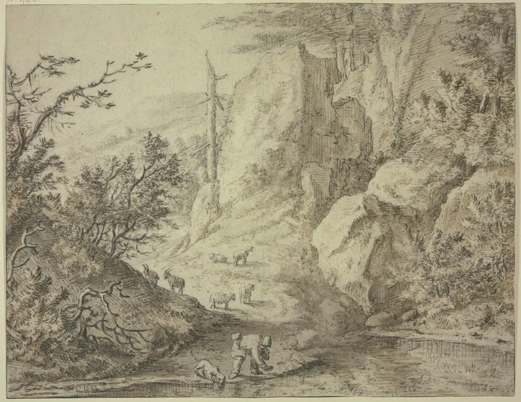 Wasserschopfender Hirte Mit Seiner Ziegenherde Wall Art by Herman Saftleven III - High-Resolution Digital Print
