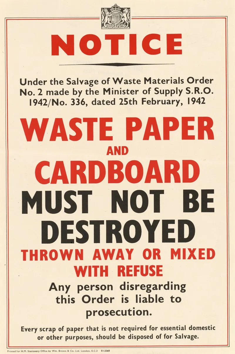 Waste Paper And Cardboard Must Not Be Destroyed Thrown Away Or Mixed With Refuse Wall Art by Anonymous - High-Resolution Digital Print