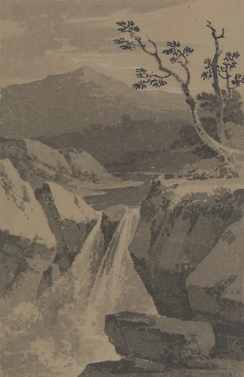 Waterfall And Distant Mountains Wall Art by Paul Sandby Munn - High-Resolution Digital Print