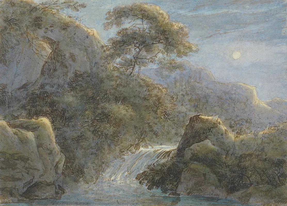 Waterfall In The Mountains By Moonlight