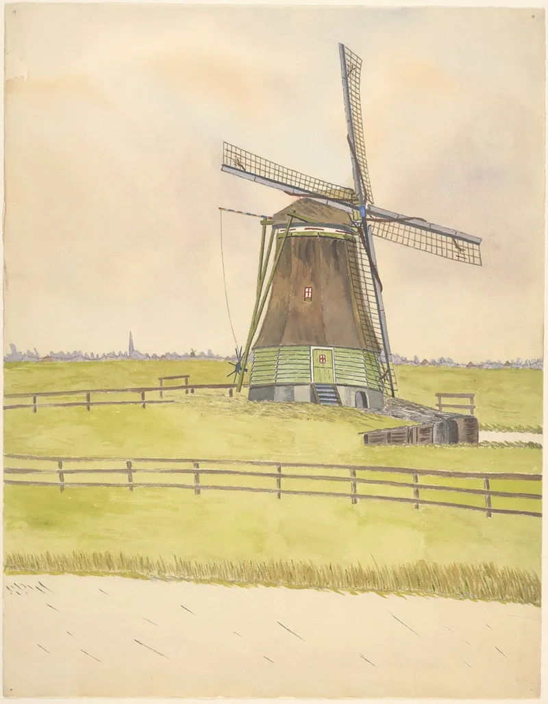 Watermolen De Schaalsmeer Gesloopt 1926 Stond In De Schaalsmeerpolder Op De Achtergrond De Beschuittoren Van Wormer Wall Art by Johannes Nicolaas Eijman - High-Resolution Digital Print