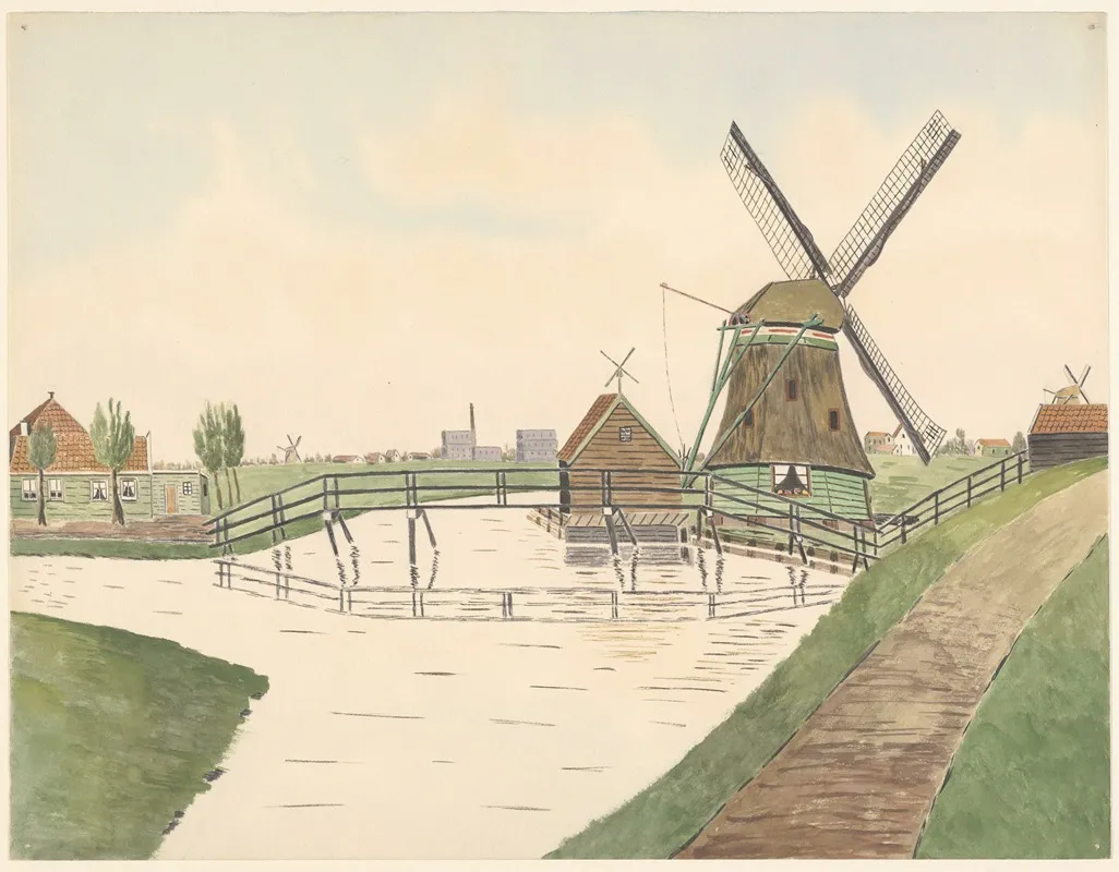 Watermolen Het Leven Zaandijkerwegje Met Over Het Water Een Houten Loopbrug Op De Achtergrond Fabrieksgebouwen Wall Art by Johannes Nicolaas Eijman - High-Resolution Digital Print
