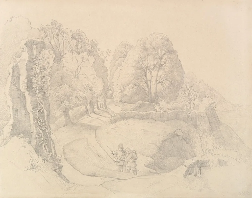 Wayfarers Near A Ruin In A Hilly Landscape Wall Art by Victor Paul Mohn - High-Resolution Digital Print