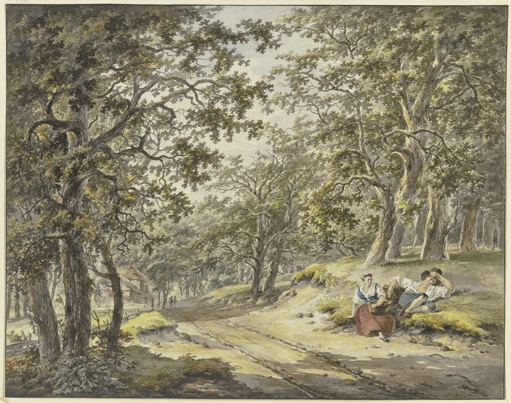 Weg Durch Den Wald An Einem Gehoft Vorbei Vorn Ein Ruhender Bauer Und Bauerin Mit Ihren Korben Wall Art by Hermanus van Brussel - High-Resolution Digital Print