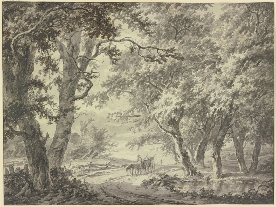 Weg In Den Wald Am Weg Ein Gatterzaun Und Ein Bauernwagen Mit Zwei Pferden Wall Art by Hermanus van Brussel - High-Resolution Digital Print