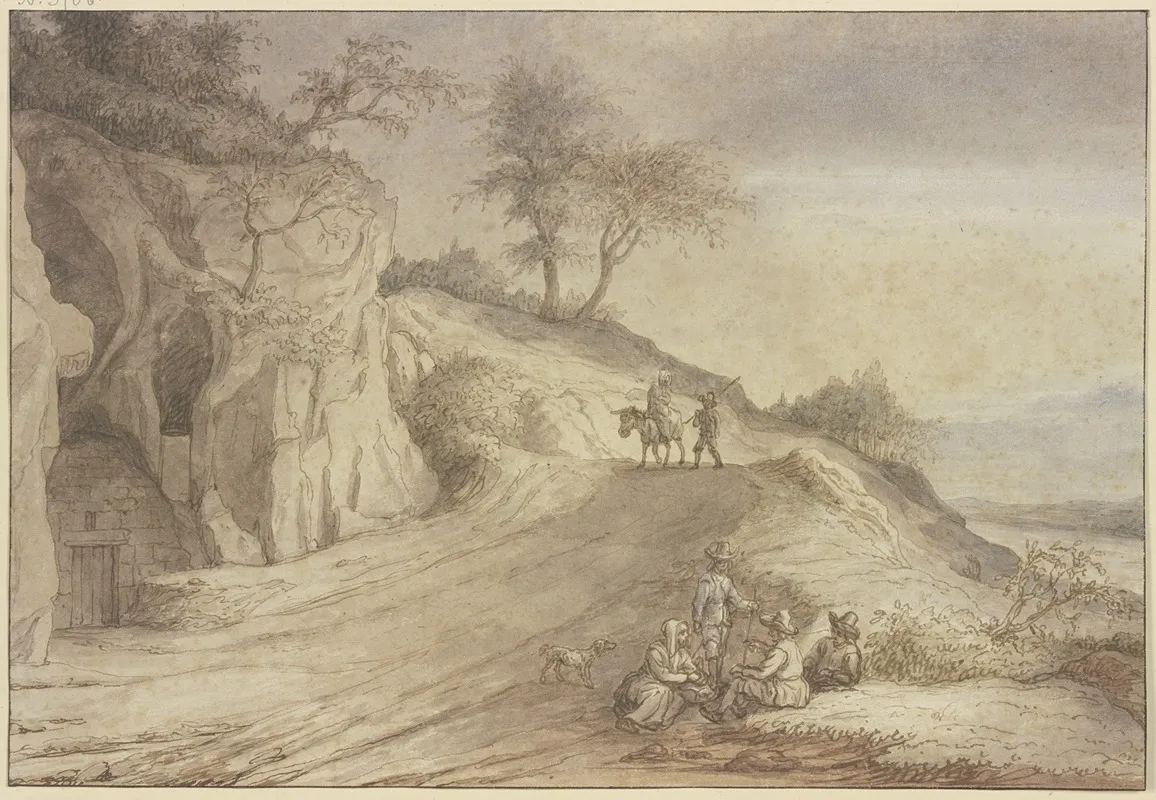 Weg Uber Einen Hugel Mit Einem Mann Zu Fus Und Einer Frau Auf Einem Esel Vorne Eine Lagernde Gruppe Von Vier Figuren Wall Art by Lambert Doomer - High-Resolution Digital Print