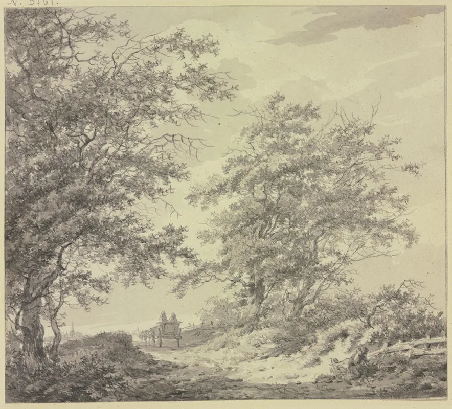 Weg Zwischen Zwei Baumgruppen Mit Einem Wagen Rechts Am Zaun Ein Sitzender Mann Wall Art by Hermanus van Brussel - High-Resolution Digital Print