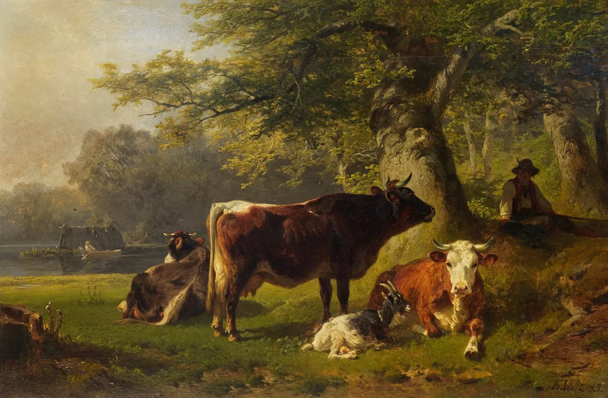 Weidelandschaft Mit Hirtejunge Wall Art by Friedrich Voltz - High-Resolution Digital Print