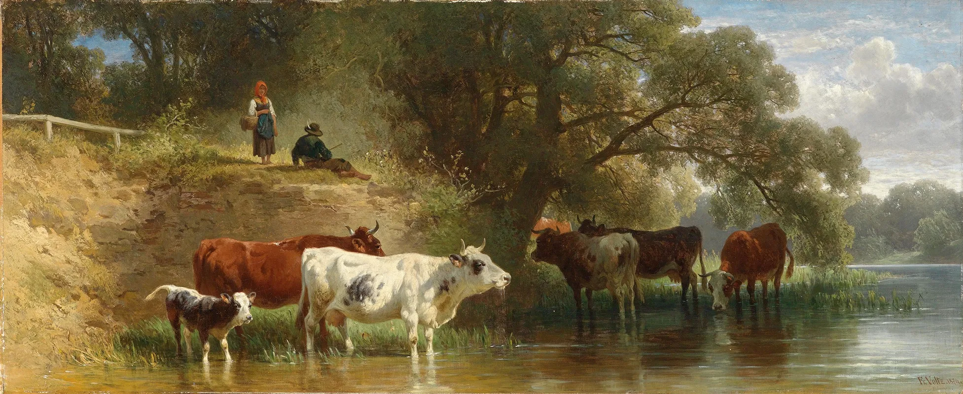 Weidende Kuhe Am Fluss Mit Hirten Wall Art by Friedrich Voltz - High-Resolution Digital Print
