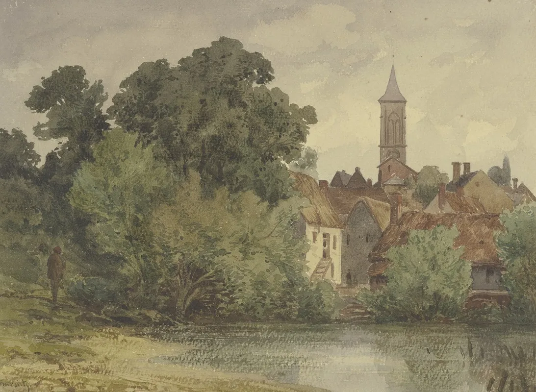 Weiher Dahinter Hauser Eines Dorfes Mit Kirchturm