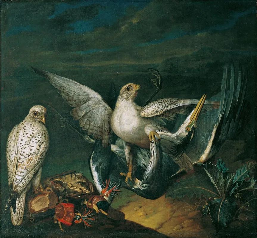 Weise Jagdfalken Mit Einem Fischreiher Wall Art by Philipp Ferdinand de Hamilton - High-Resolution Digital Print