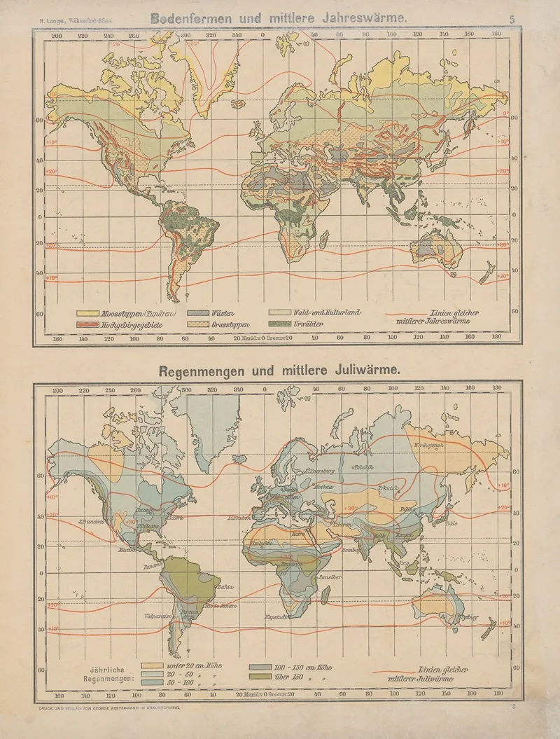 Weltkarte Zur Ubersicht Der Bodenformen Und Mittleren Jahres Warme Regenmengen Und Mittleren Juliwarme Wall Art by Henry Lange - High-Resolution Digital Print