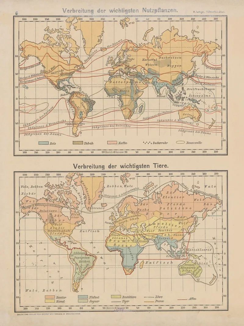 Weltkarte Zur Ubersicht Der Verbreitung Der Wichtigsten Nutzpflanzen Verbreitung Der Wichtigsten Tiere Wall Art by Henry Lange - High-Resolution Digital Print