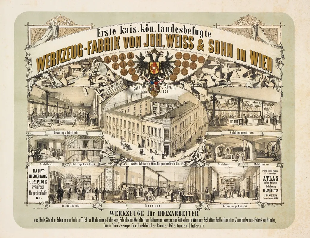 Werbelithographie Der Holzwerkzeugfabrik Johann Weiss Sohn 5 Margaretenstrase 65 Wall Art by Ladislaus Eugen Petrovits - High-Resolution Digital Print