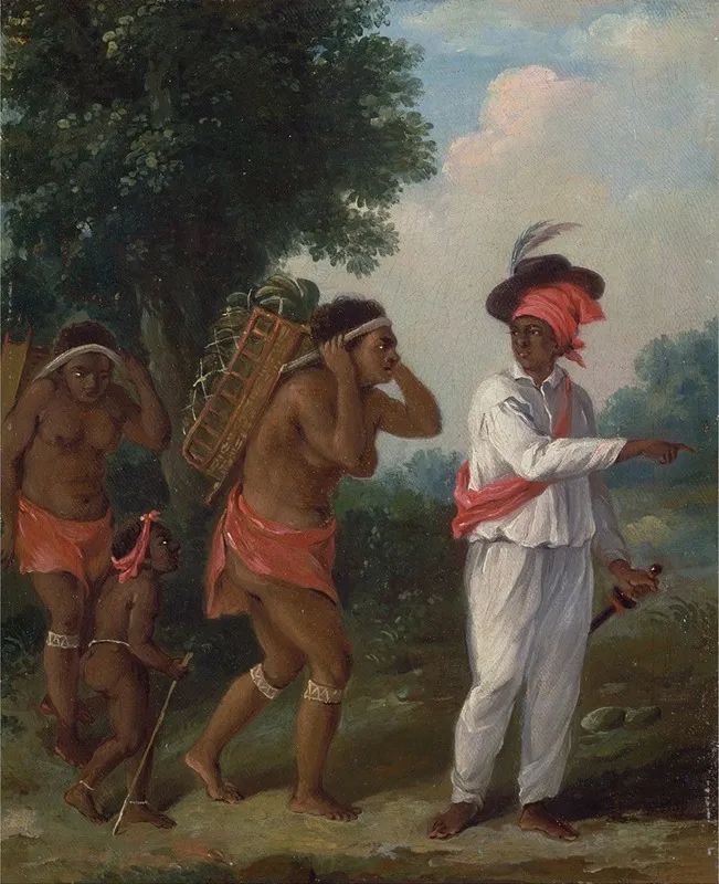 West Indian Man Of Color Directing Two Carib Women With A Child