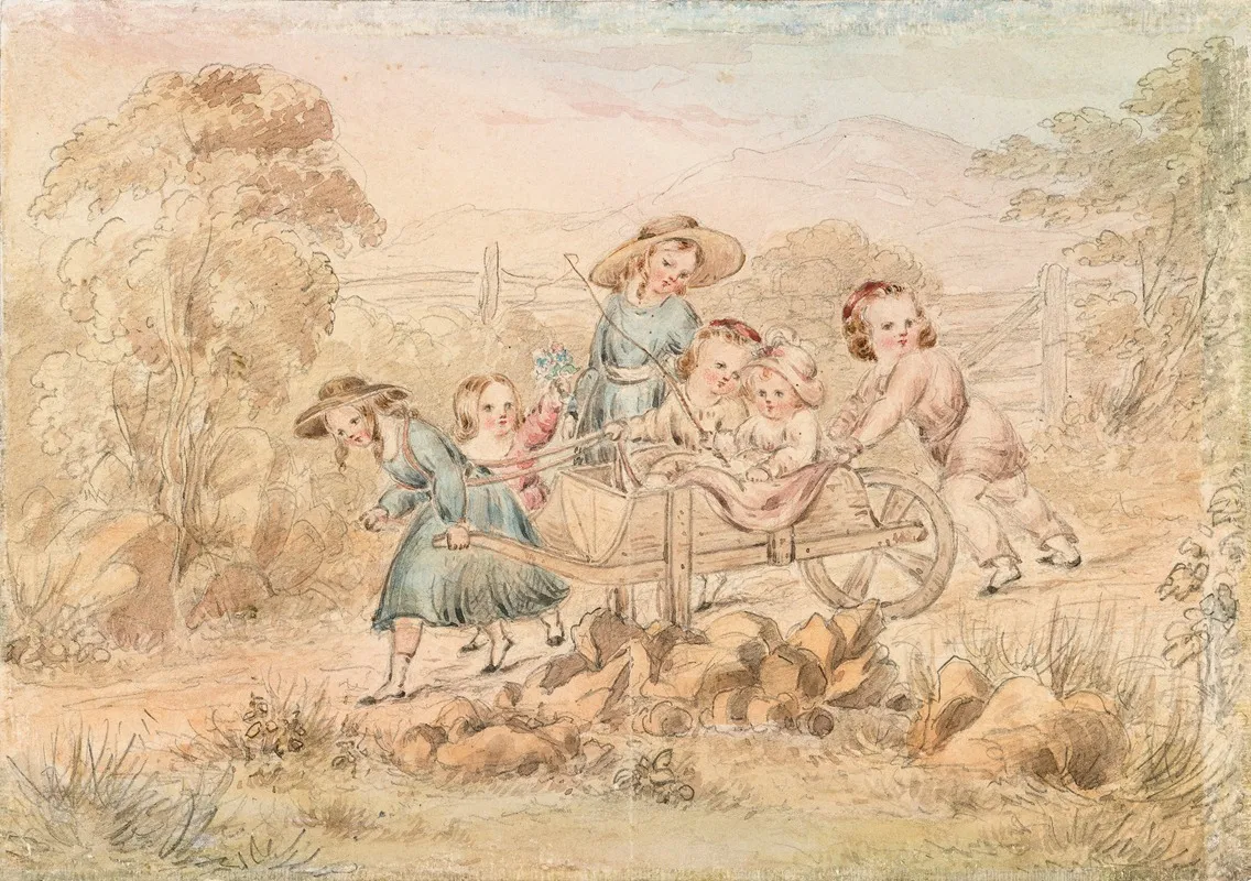 Wheelbarrow Containing Six Children Wall Art by Elizabeth, Countess of Harrington - High-Resolution Digital Print