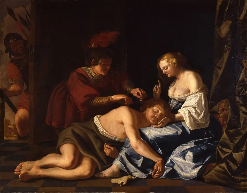 While Samson Sleeps In Delilahs Lap A Filistine Cuts Off His Hair Judges 1619 Wall Art by Christiaen van Couwenbergh - High-Resolution Digital Print