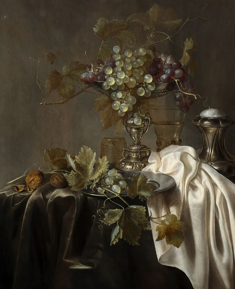 White And Black Raisins Romer And Salt Shaker On A Draped Table Wall Art by Gillis Gilisz. De Bergh - High-Resolution Digital Print