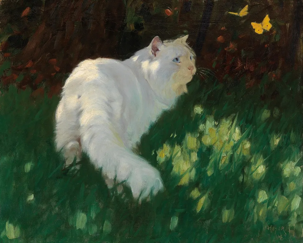 White Cat And Butterflies Wall Art by Arthur Heyer - High-Resolution Digital Print