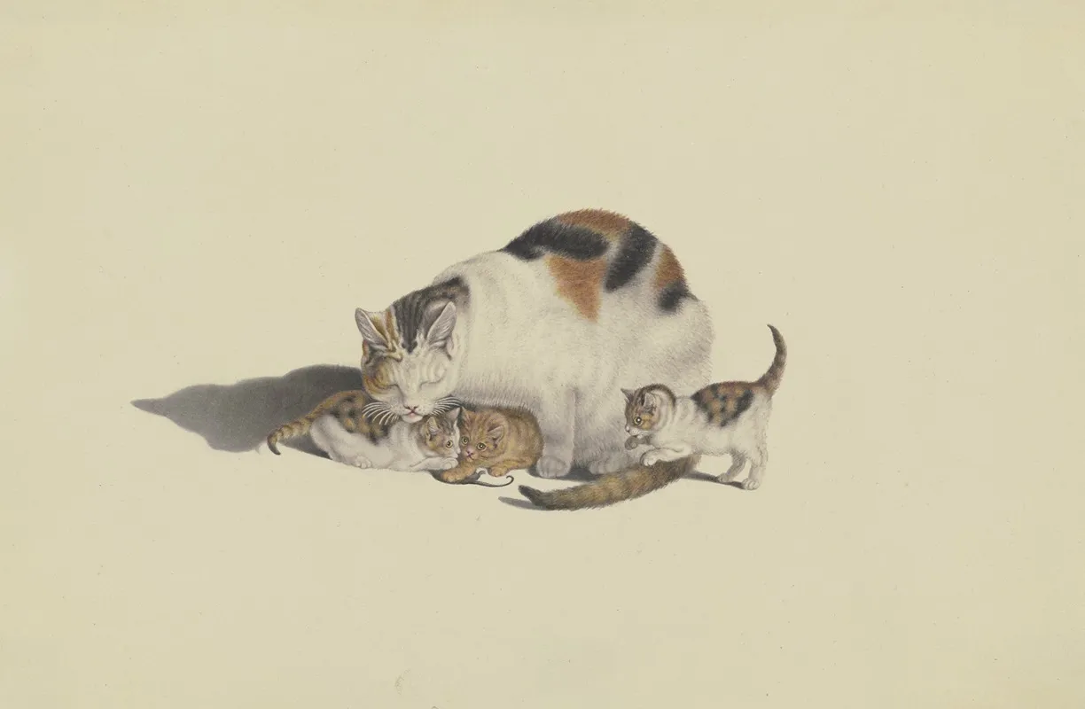 White Cat Black And Reddish Brown Spotted With Her Three Kittens Playing With A Mouse Wall Art by Gottfried Mind - High-Resolution Digital Print
