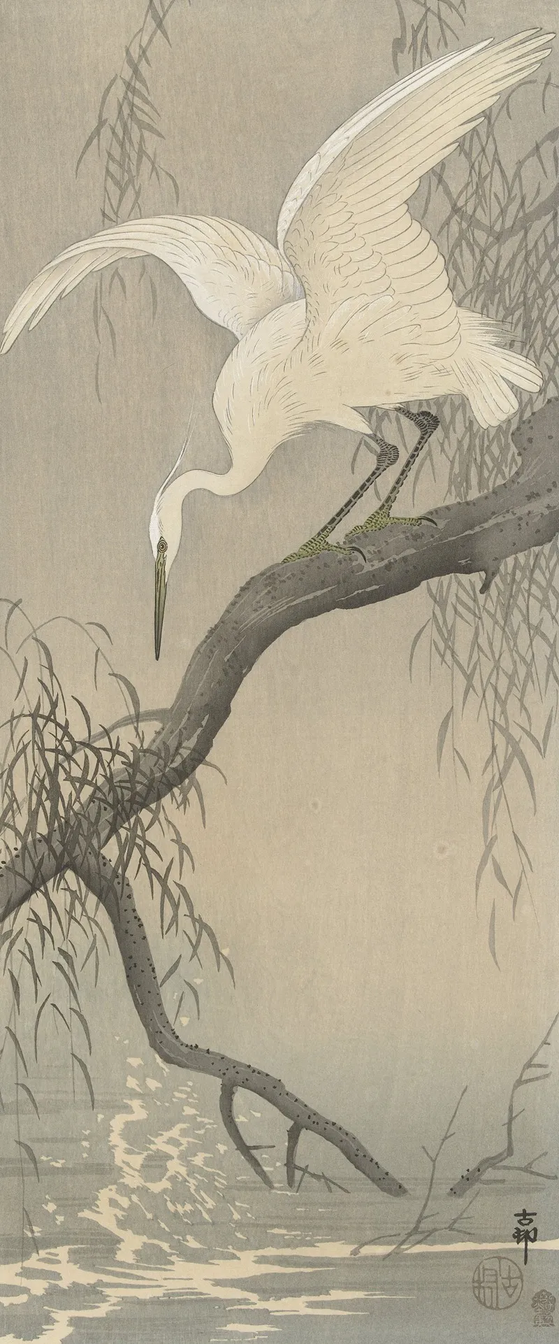 White Heron On Tree Branch Wall Art by Ohara Koson - High-Resolution Digital Print
