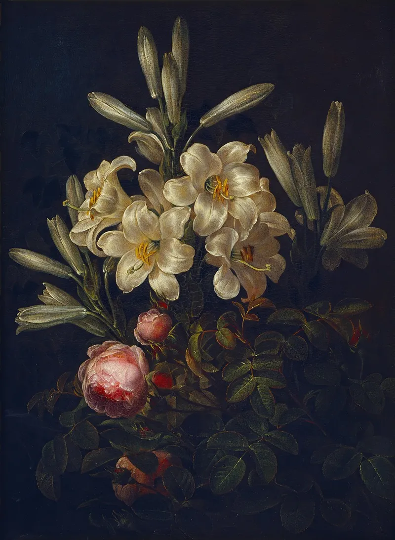 White Lilies And Roses Wall Art by Johan Laurentz Jensen - High-Resolution Digital Print