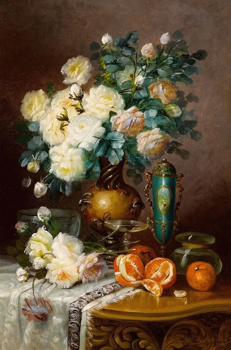White Roses Oranges And Porcelain Urn On Draped Table Wall Art by Max Carlier - High-Resolution Digital Print