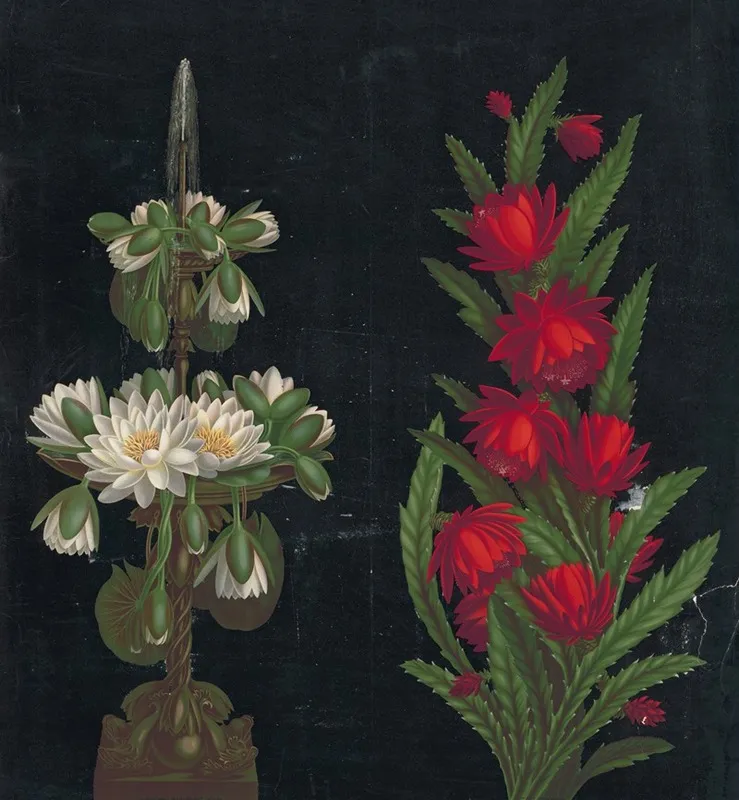 White Water Lilies In A Two Tiered Fountain And Red Flowers With Pointed Leaves On Black Background