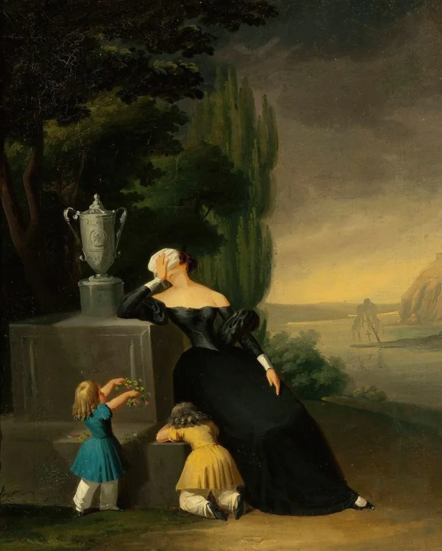 Widow With A Child At Her Husbands Grave Wall Art by Wincenty Smokowski - High-Resolution Digital Print
