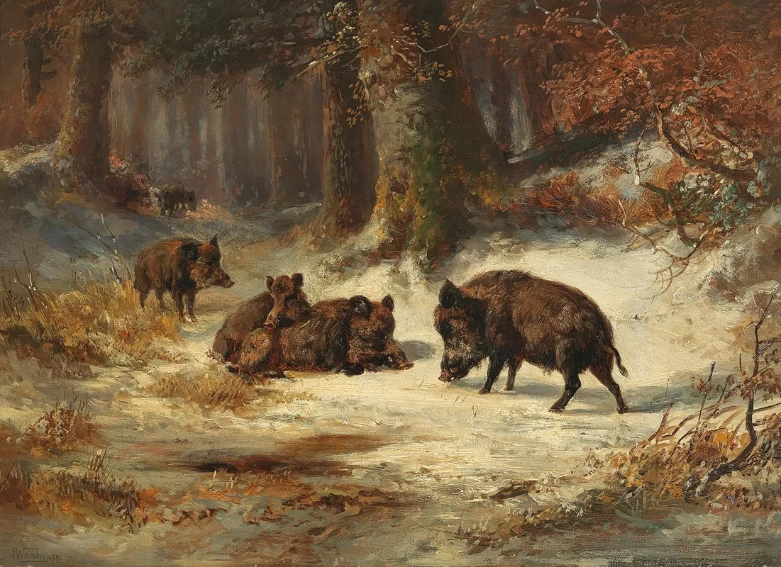 Wild Boars In A Wintry Forest Wall Art by Anton Weinberger - High-Resolution Digital Print