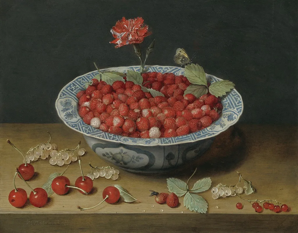 Wild Strawberries And A Carnation In A Wan Li Bowl Wall Art by Jacob van Hulsdonck - High-Resolution Digital Print