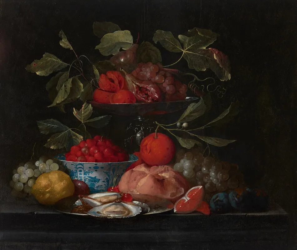 Wild Strawberries In A Kraak Porcelain Bowl With Oranges Peaches Lemons A Bread Roll And Oysters On A Stone Ledge Wall Art by Jan Pauwel Gillemans the Elder - High-Resolution Digital Print