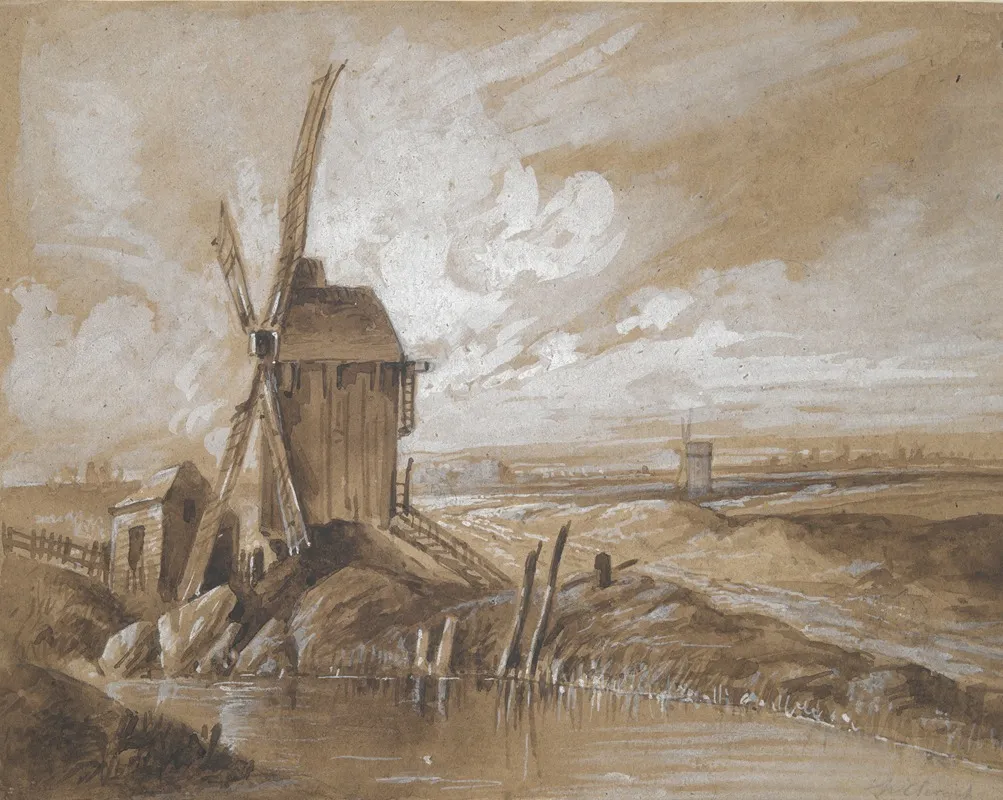 Windmills In A Landscape Wall Art by Hubert Clerget - High-Resolution Digital Print