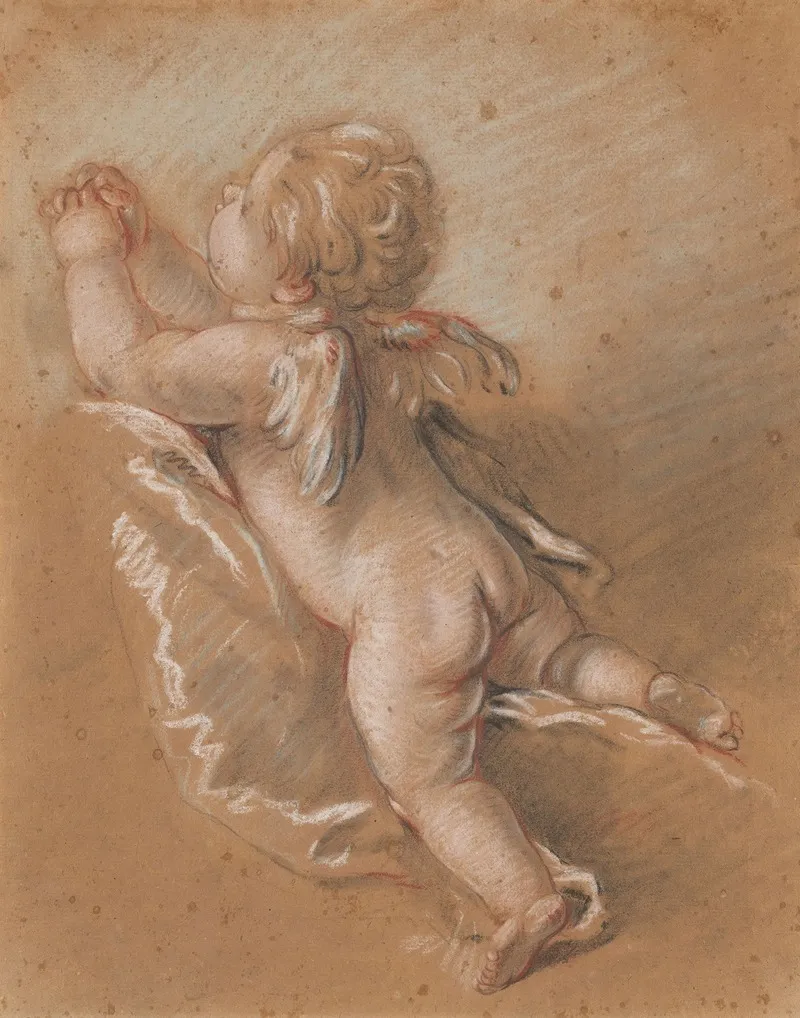 Winged Cherub Seen From The Back With Upraised Clasped Hands Wall Art by François Boucher - High-Resolution Digital Print