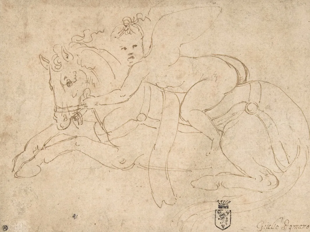 Winged Infant Riding A Crouching Horse