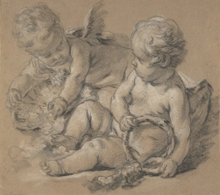 Winged Putti With Flowers Wall Art by François Boucher - High-Resolution Digital Print