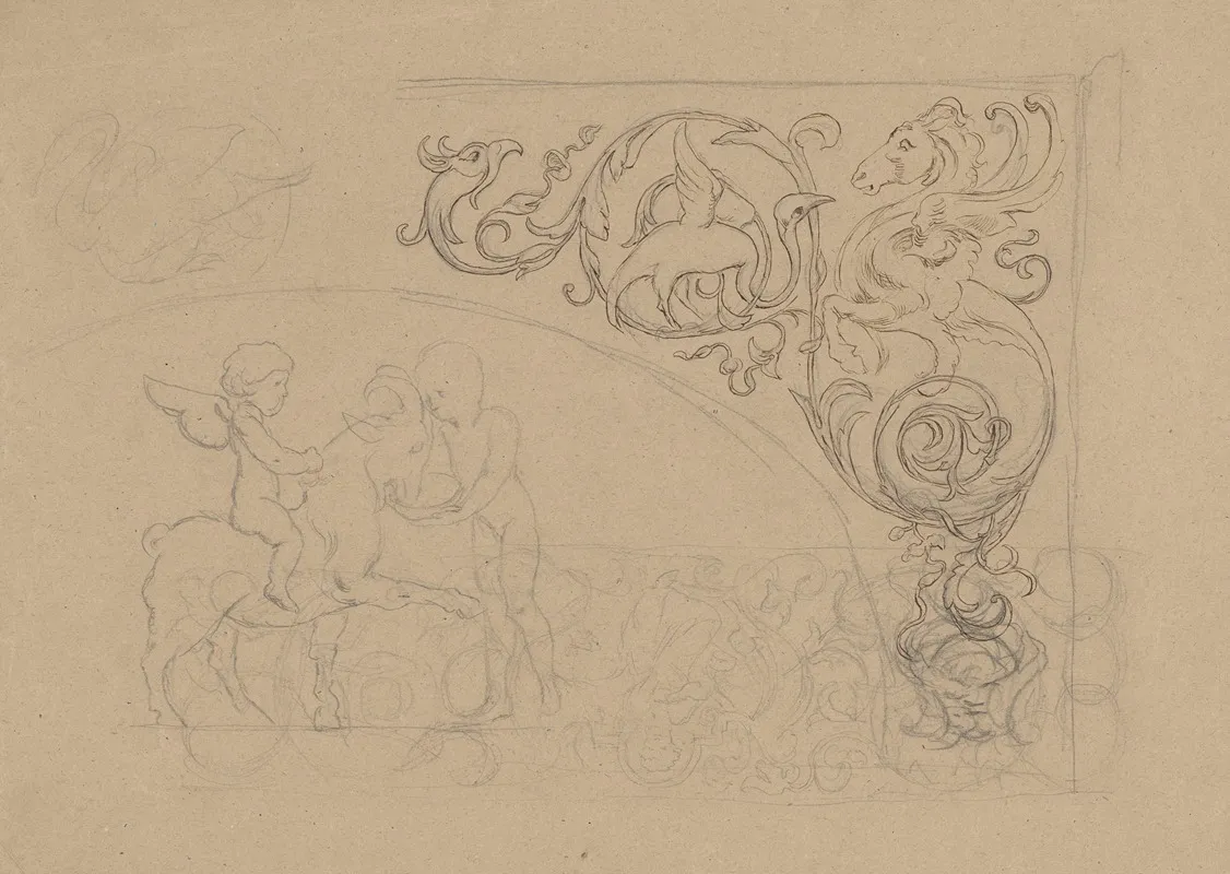 Winged Putto Sitting On A Goat Child Watering A Goat From A Bowl Arabesque Ornaments