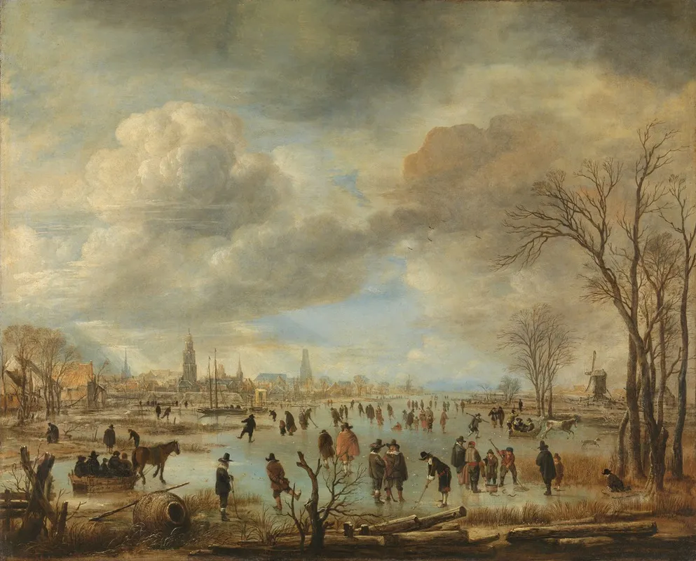 Winter Landscape Near A Town With Kolf Players And Horse Drawn Sleighs