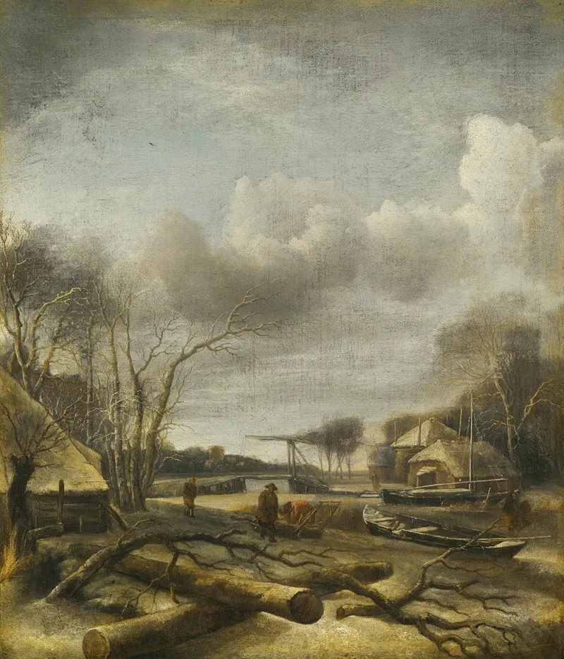 Winter Landscape With A Man Fixing A Sled At The Edge Of A Frozen River Wall Art by Jan van de Cappelle - High-Resolution Digital Print
