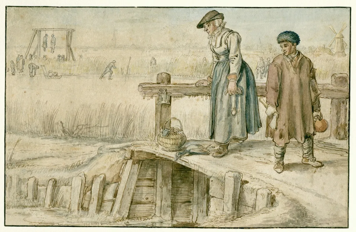 Winter Landscape With A Woman And A Youth On A Small Bridge Skaters And A Gallows In The Distance