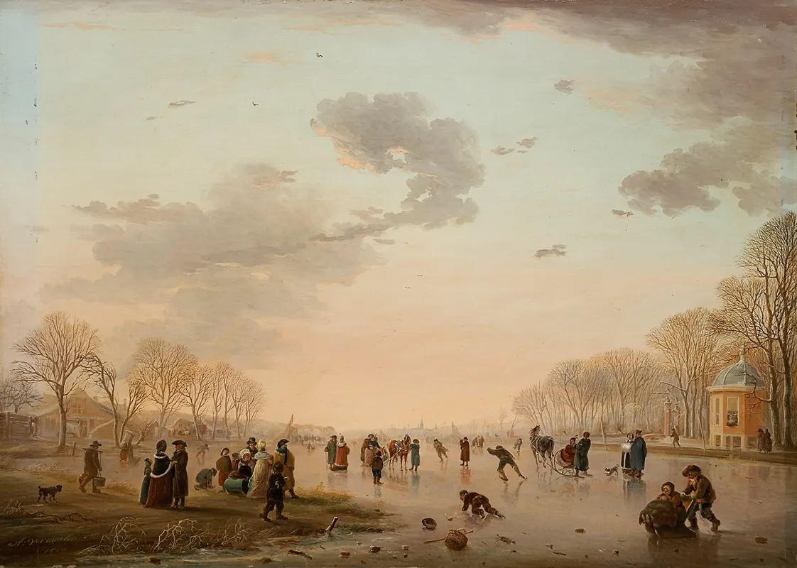 Winter Landscape With Ice Skaters On A River