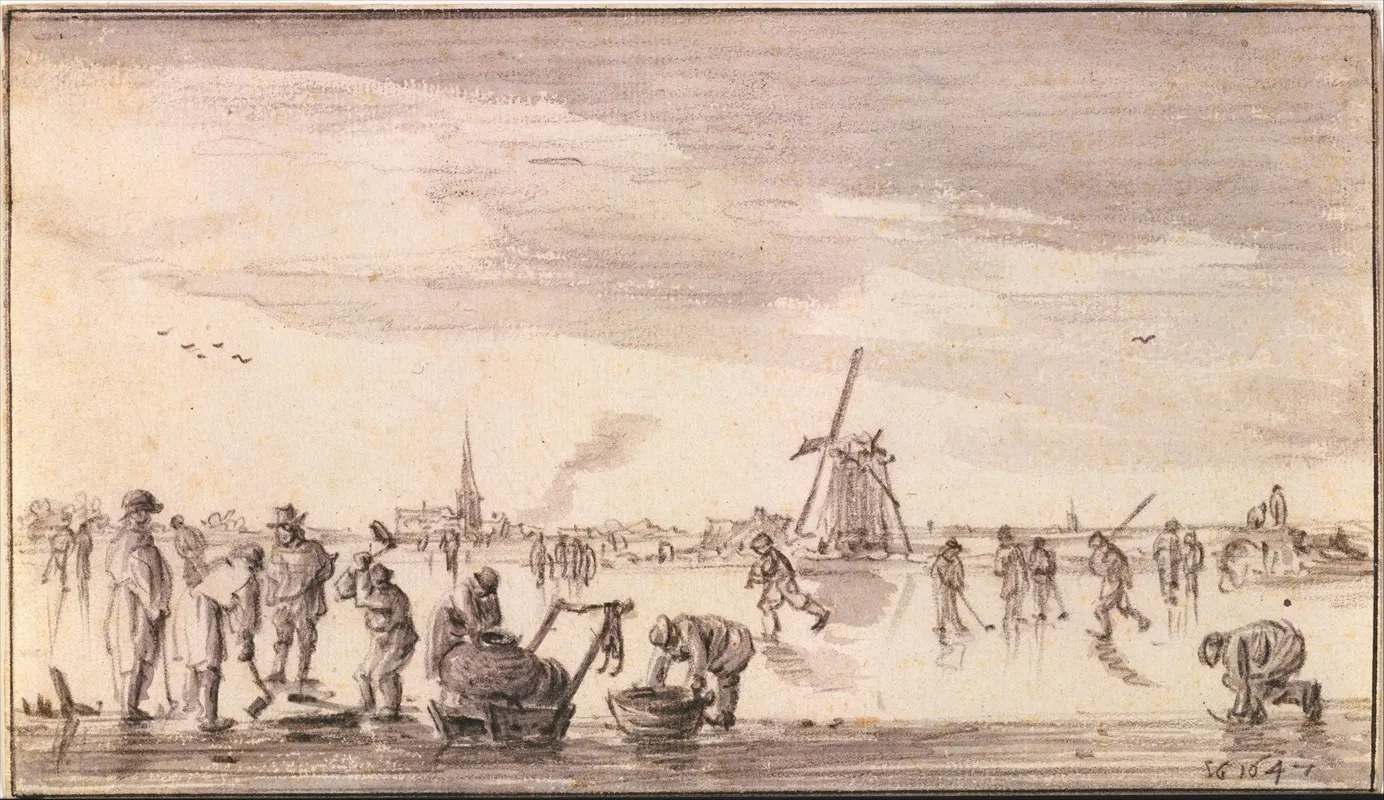 Winter Landscape With Skaters And Fishermen