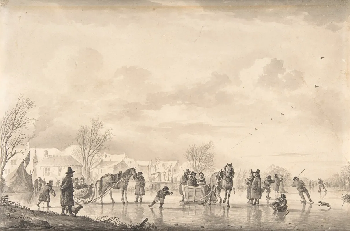 Winter Landscape With Skaters And Horse Drawn Sledges On The Ice A Village Below